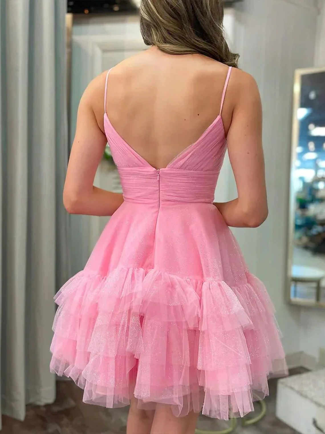 Pink Spaghetti Straps Open Back Tulle Party Homecoming Dress