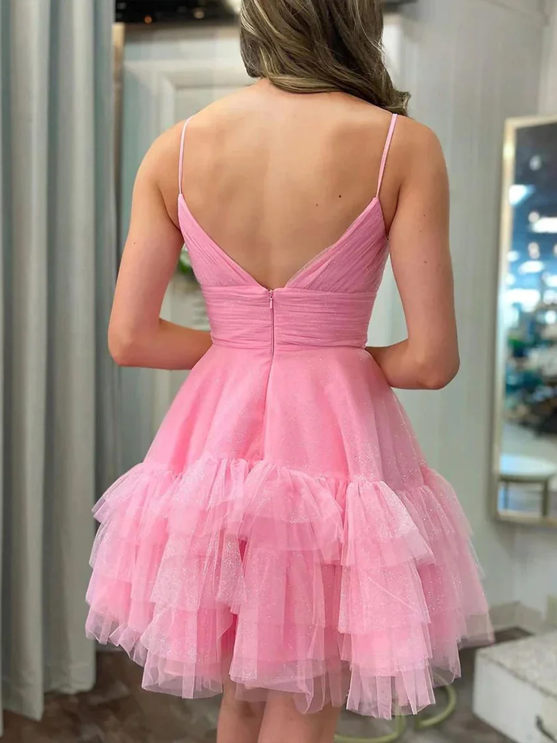 Pink Spaghetti Straps Open Back Tulle Party Homecoming Dress