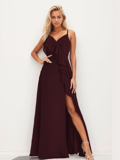 Dress A-Line V-Neck Floor-Length Sleeveless Long Ruffles Bridesmaid Dress