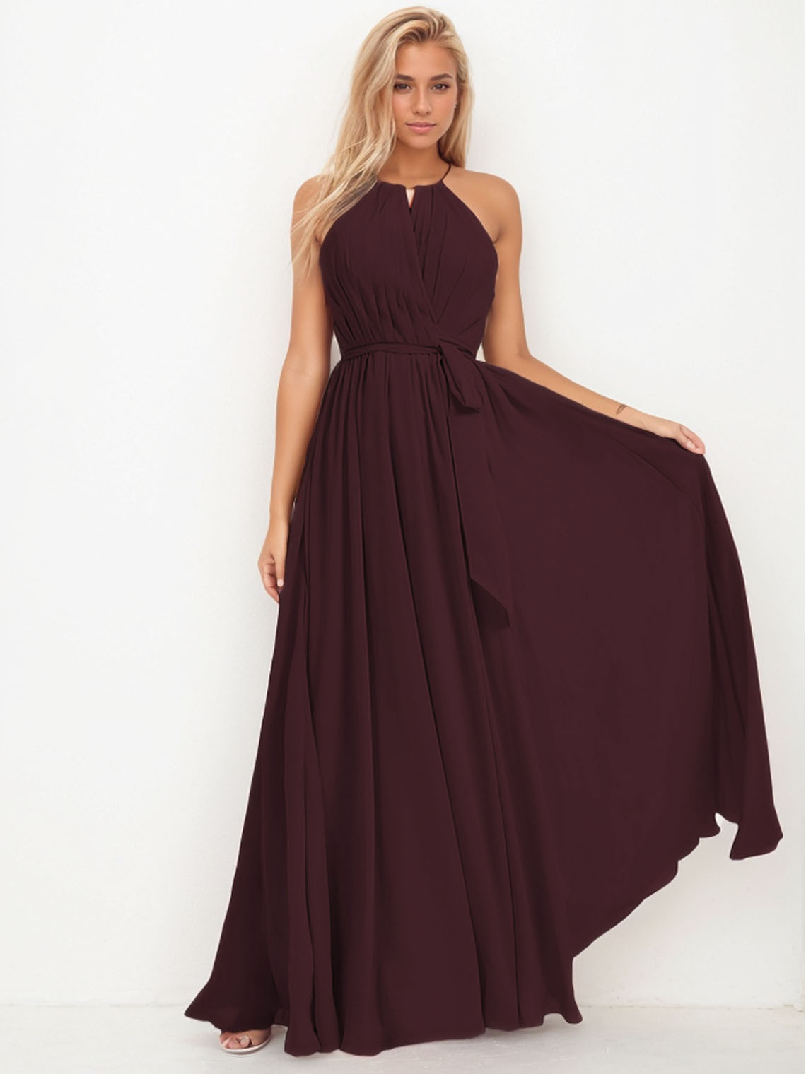 A-Line/Princess Sleeveless Halter Pure Color Floor-Length Long Evening Dresses Wedding Bridesmaid Dresses