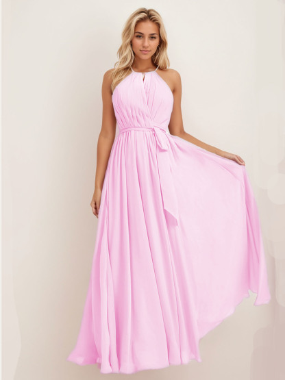 Dress A-Line Sleeveless Floor-Length Halter Ruched Long Bridesmaid Dress