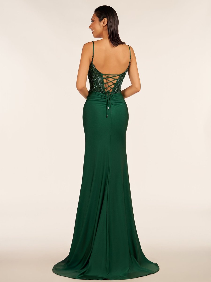 Green V Neck Beading Satin Long Slit Prom Dresses Evening Dresses, product image 2