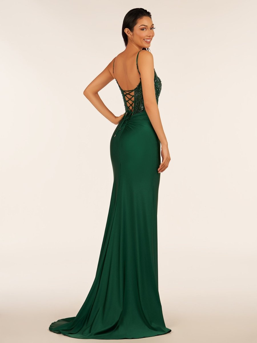 Green V Neck Beading Satin Long Slit Prom Dresses Evening Dresses, product image 3