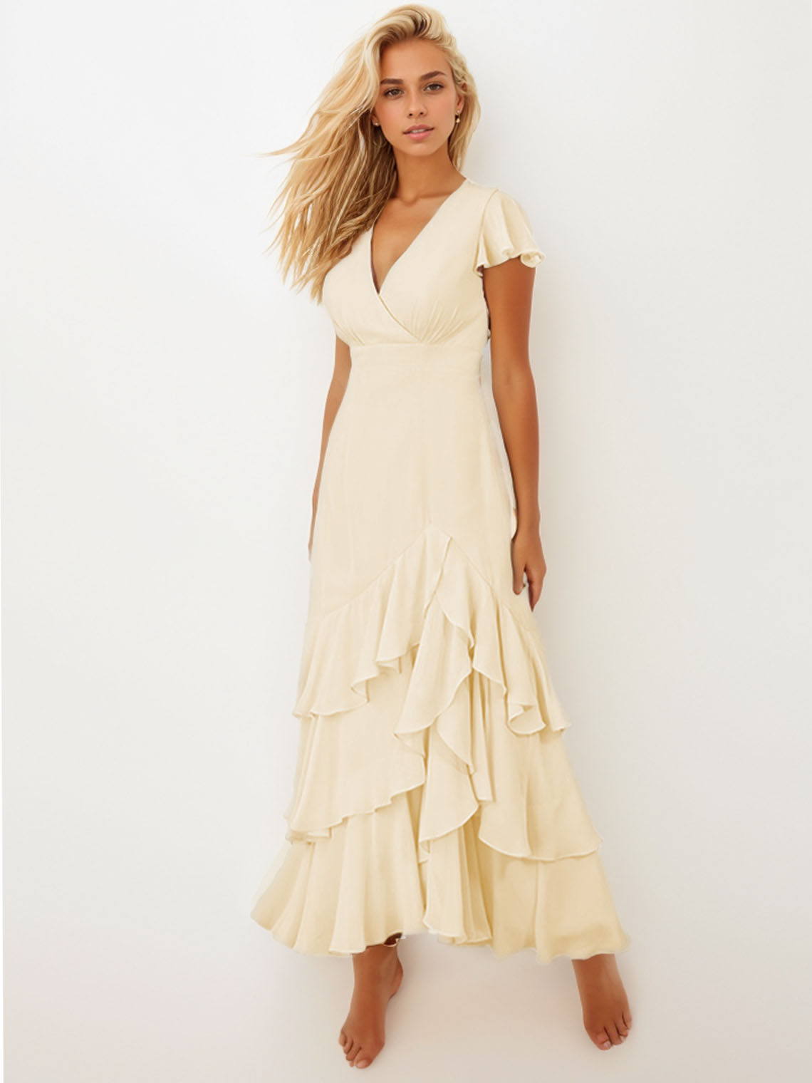 A-Line/Princess Short Sleeve V-Neck Ankle-Length Long Prom Evening Dresses