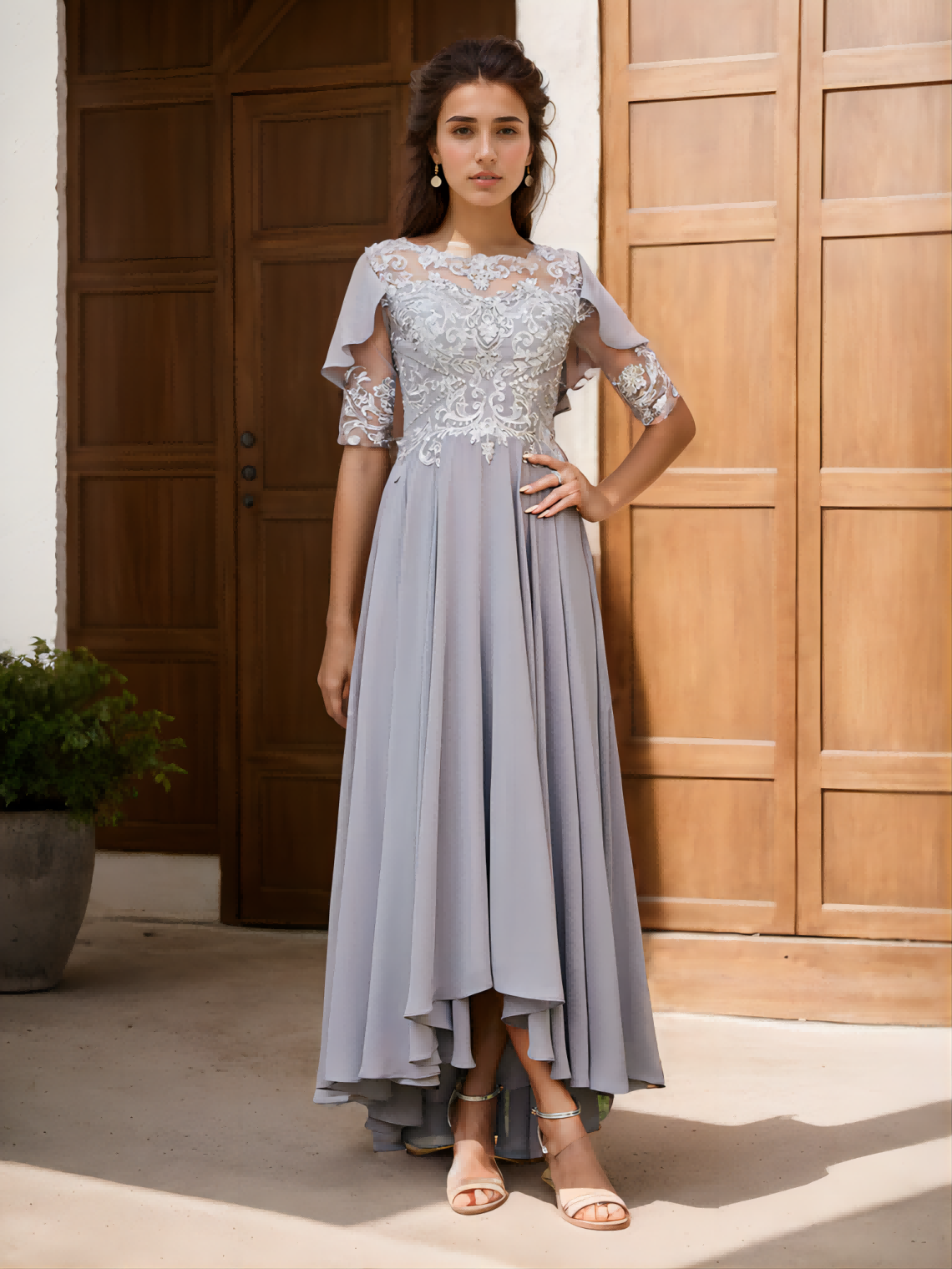 A-Line/Princess Sheer Neck Half Sleeves Long Evening Dresses