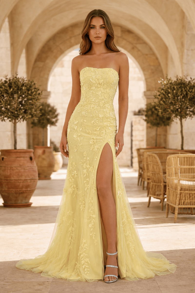 Mermaid Strapless Lace Long Prom Dresses with Slit Evening Dresses, product image 3