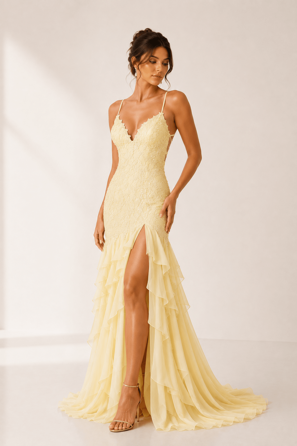 Yellow Spaghetti Straps Mermaid Lace Appliqued Prom Dresses With Ruffles Evening Dresses in Daffodil, US2