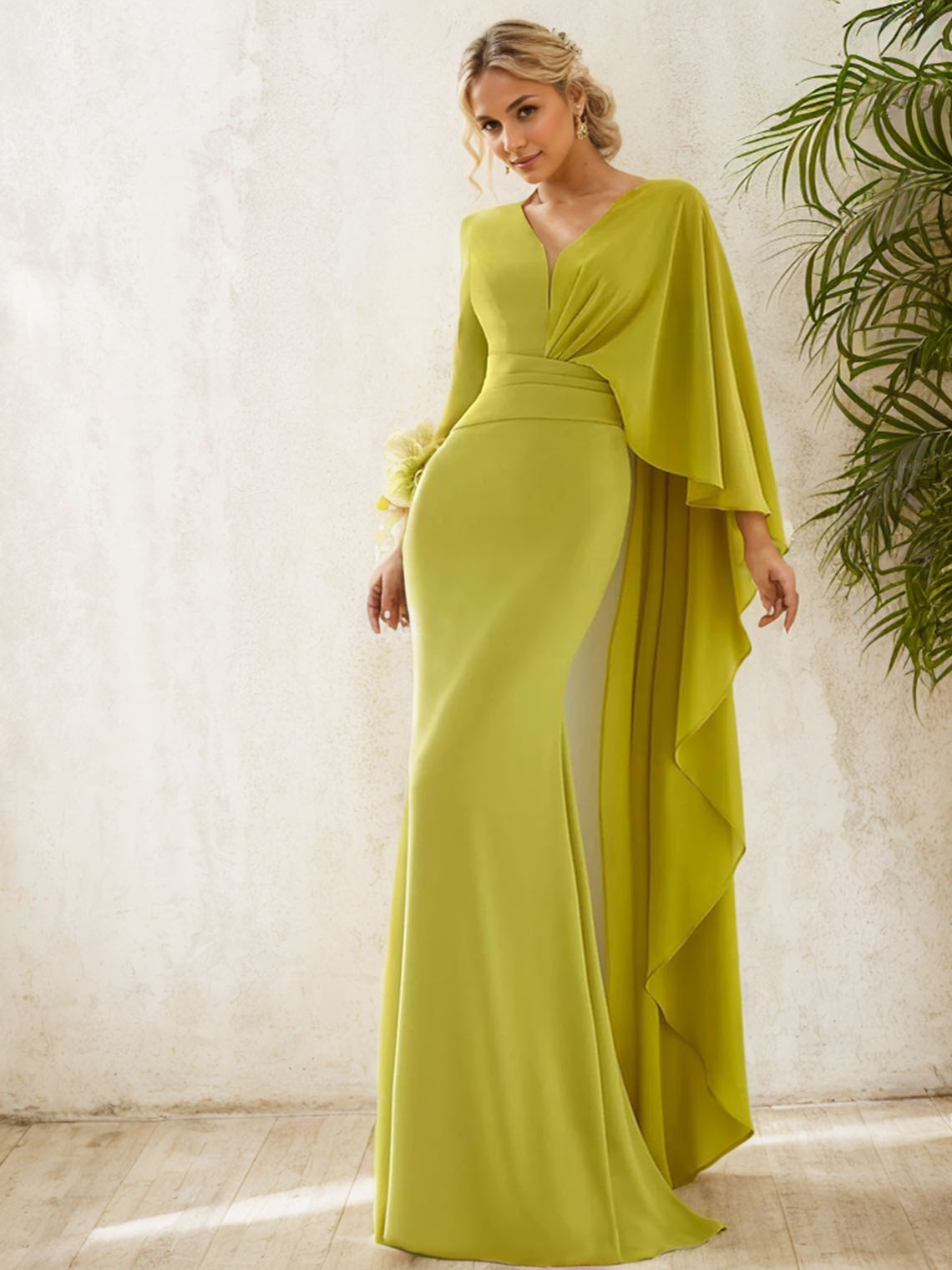 Mermaid Chiffon V Neck Long Sleeve with Feather Ruffles Evening Dress