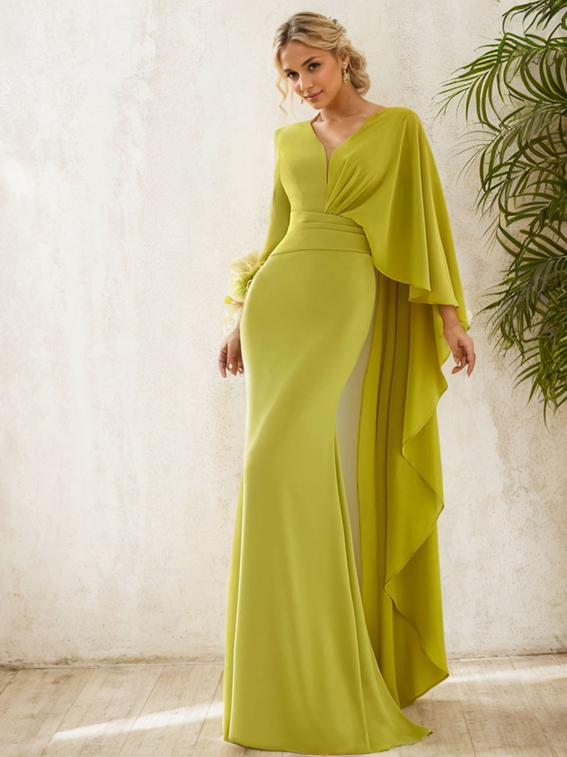 Mermaid Chiffon V Neck Long Sleeve with Feather Ruffles Evening Dress