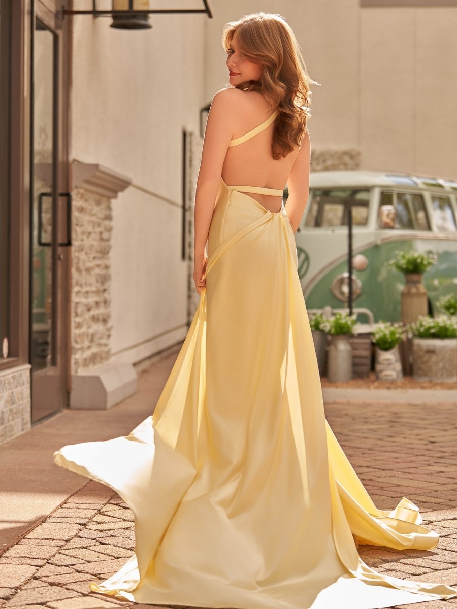 Yellow Mermaid Halter Satin Prom Dresses With Tail Evening Dresses, product image 5