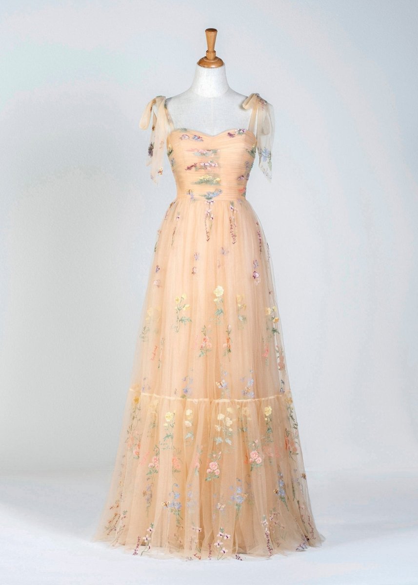 Spaghetti Straps Neck Floor Length Tulle Embroidery Floral Prom Dresses Evening Dresses, product image 9