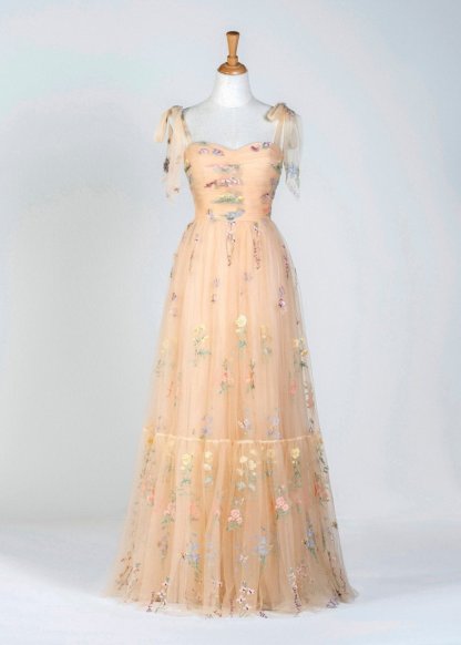 Spaghetti Straps Neck Floor Length Tulle Embroidery Floral Prom Dresses Evening Dresses