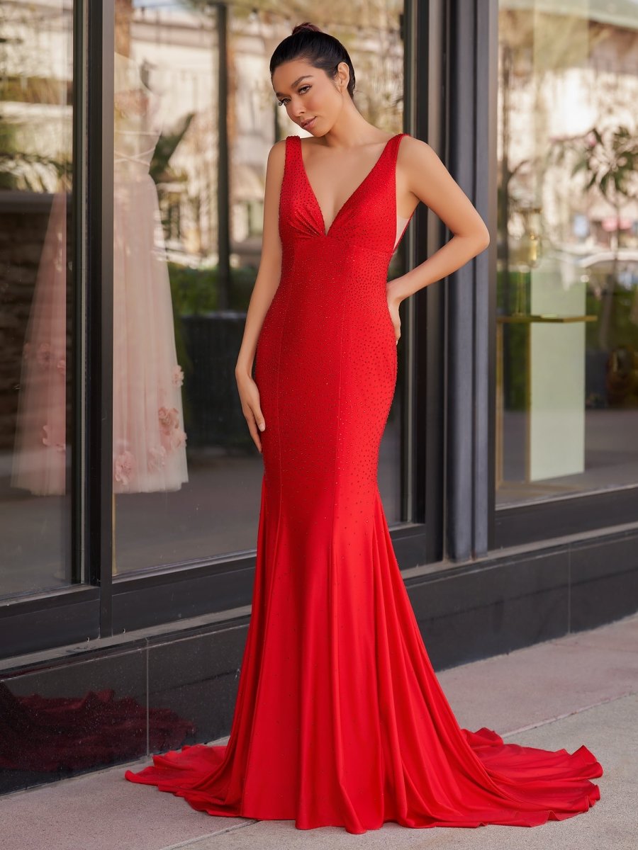 Mermaid Deep V-Neck Beaded Satin Long Prom Dresses Evening Dresses, product image 12