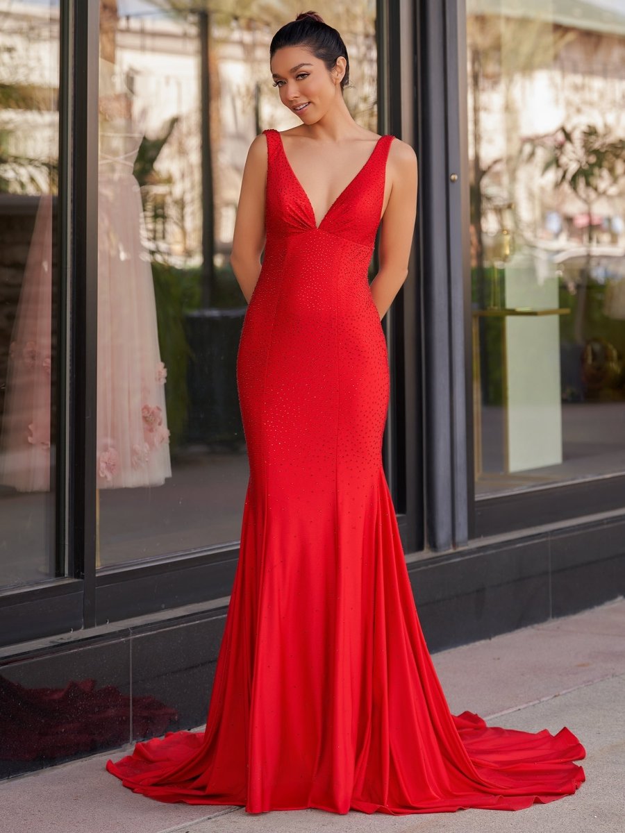 Mermaid Deep V-Neck Beaded Satin Long Prom Dresses Evening Dresses, product image 14