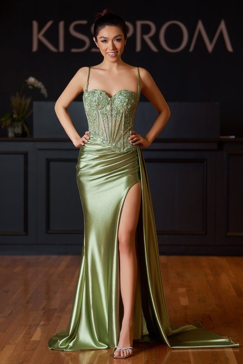 Silver Spaghetti Straps Mermaid Appliqued Prom Dresses With Split Evening Dresses, product image 7
