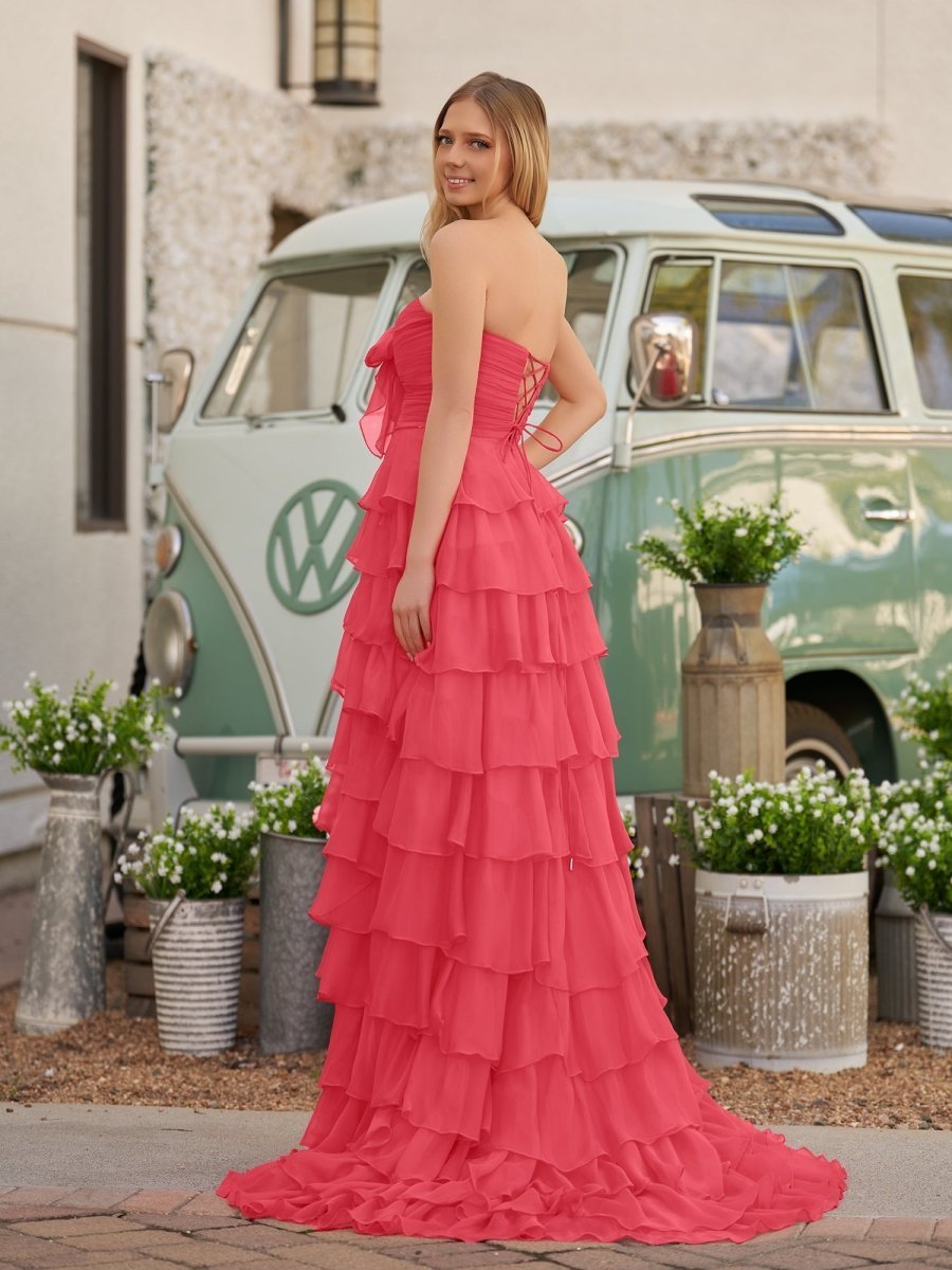 Chiffon Fuchsia Sweetheart Tiered Ruffles Prom Dresses with Slit Evening Dresses, product image 13