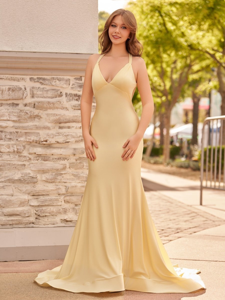 Yellow Mermaid Halter Satin Prom Dresses With Tail Evening Dresses, product image 3