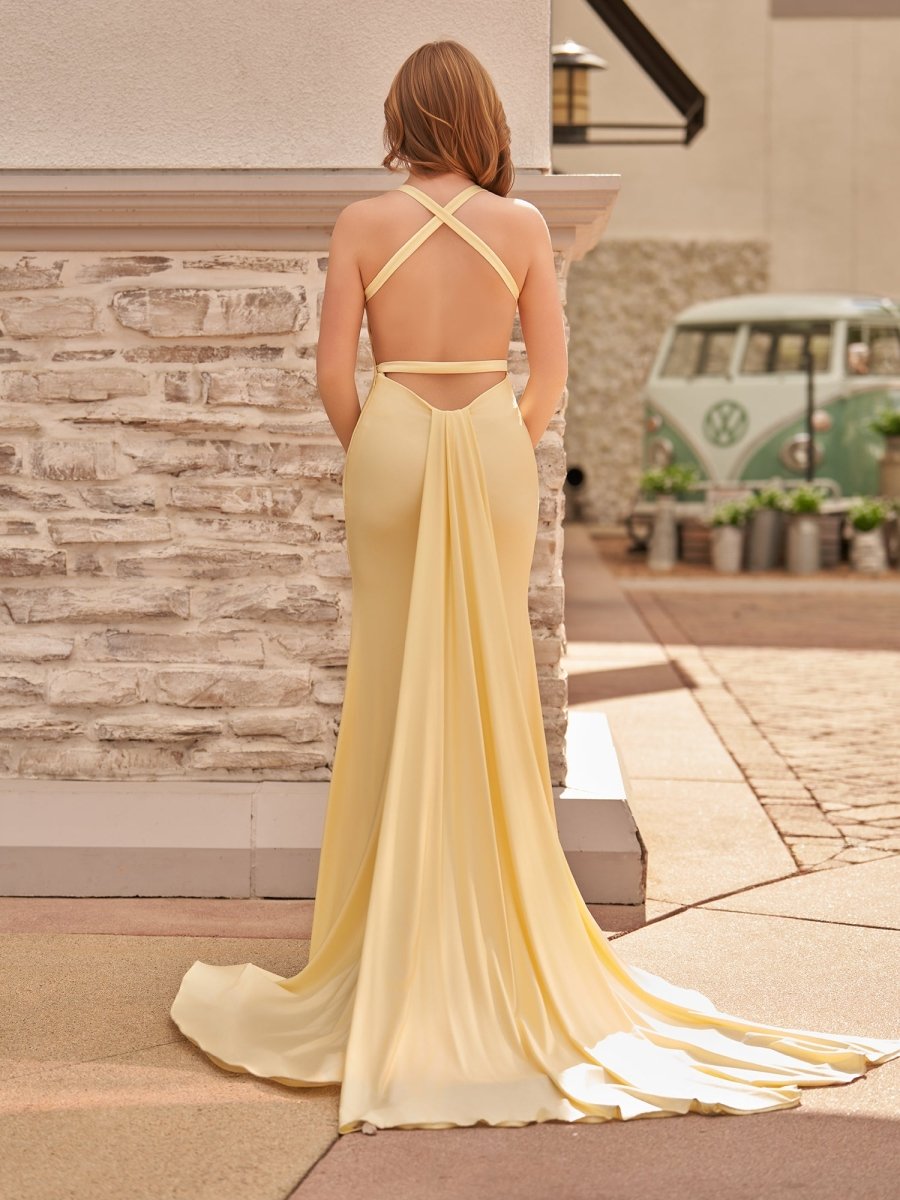 Yellow Mermaid Halter Satin Prom Dresses With Tail Evening Dresses, product image 4