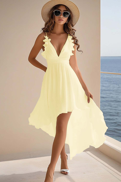White Chiffon A Line V-Neck High-Low Rehearsal Dinner Dresses with Ruffles Wedding Dresses