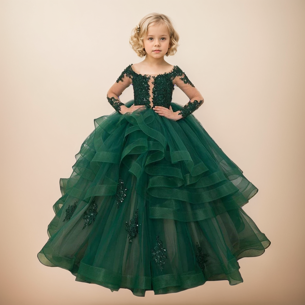 Wedding Flower Girl Dress Girls Cute Prom Dress Elegant Tiered Dress