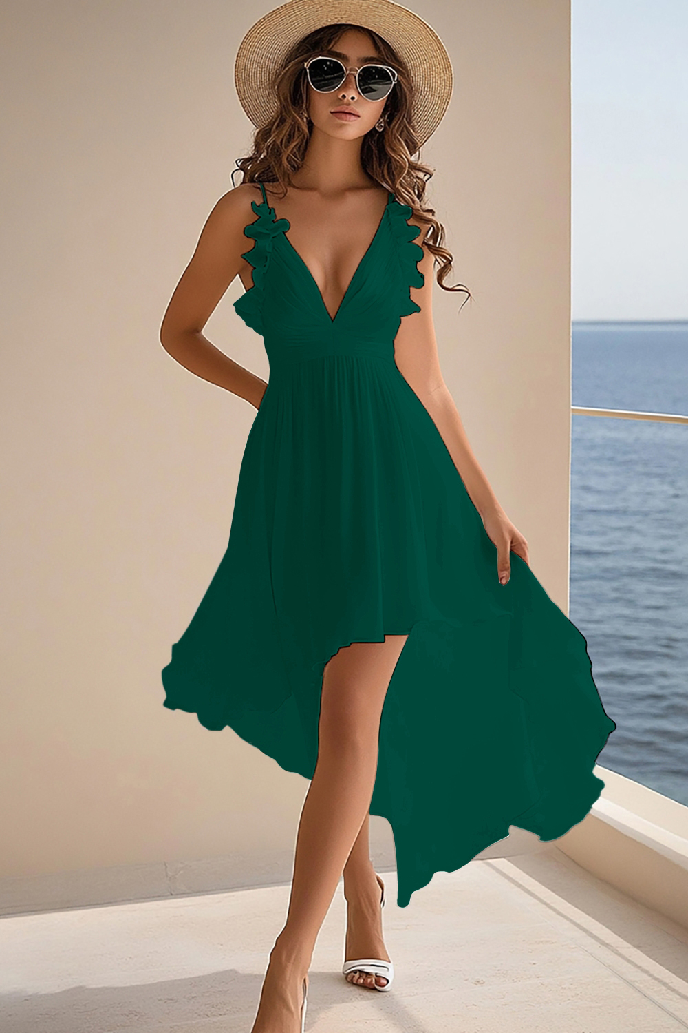 White Chiffon A Line V-Neck High-Low Rehearsal Dinner Dresses with Ruffles Wedding Dresses