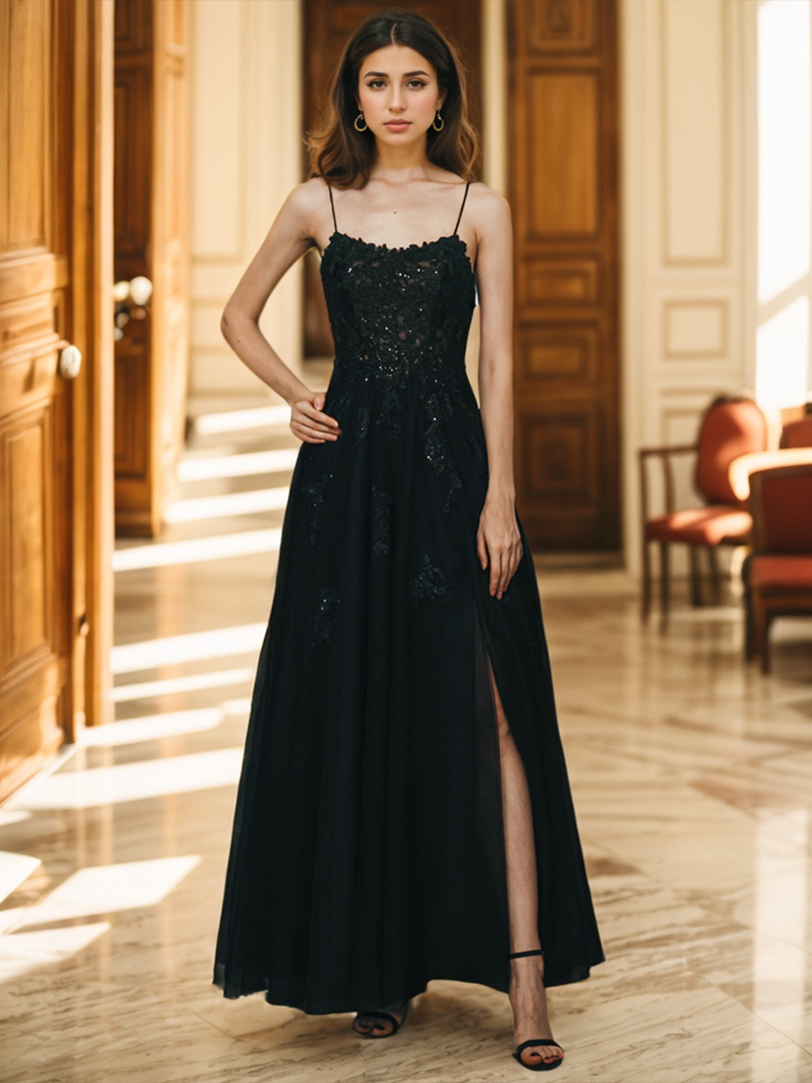 A-Line Evening Gown Quinceanera Prom Dress Slit Appliques Crystals 