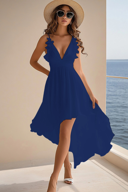 White Chiffon A Line V-Neck High-Low Rehearsal Dinner Dresses with Ruffles Wedding Dresses