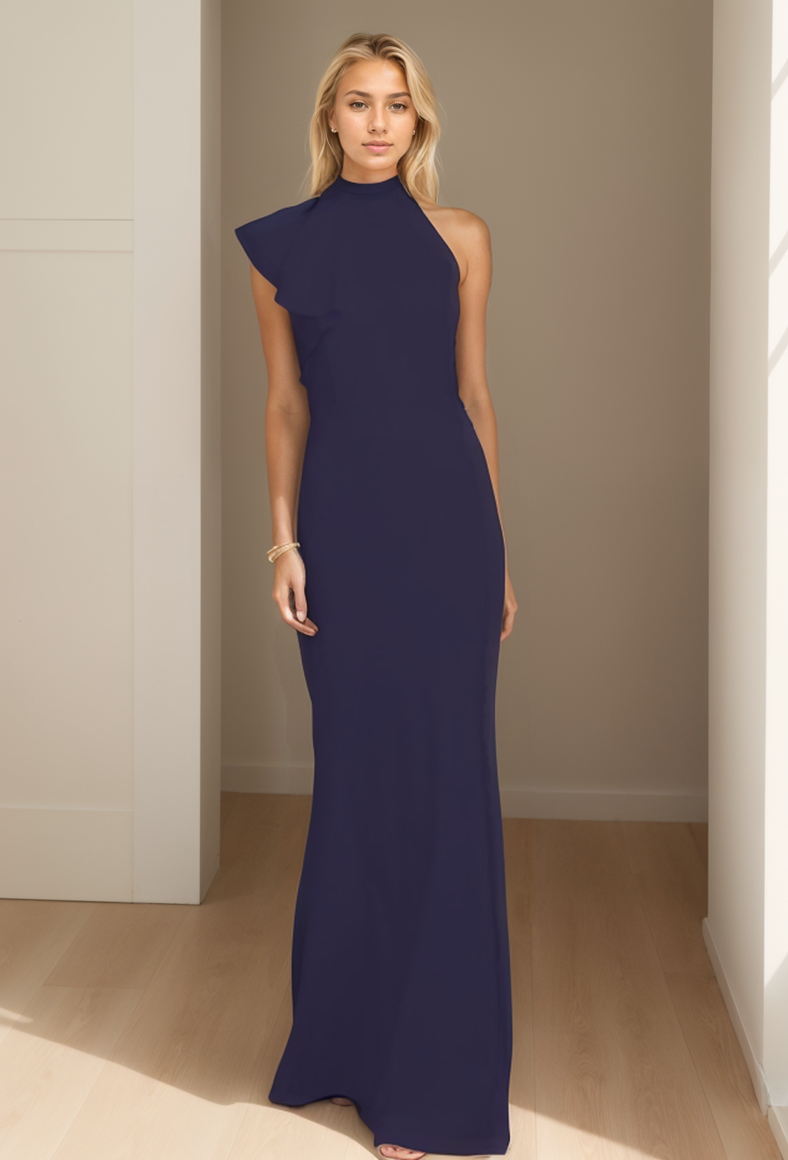 Sheath/Column Evening Gown Elegant Floor Length Sleeveless High Neck Stretch Satin Ruffles 