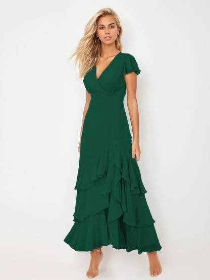 Dress A-Line/Princess Short Sleeve V-Neck Ankle-Length Long Evening Dress