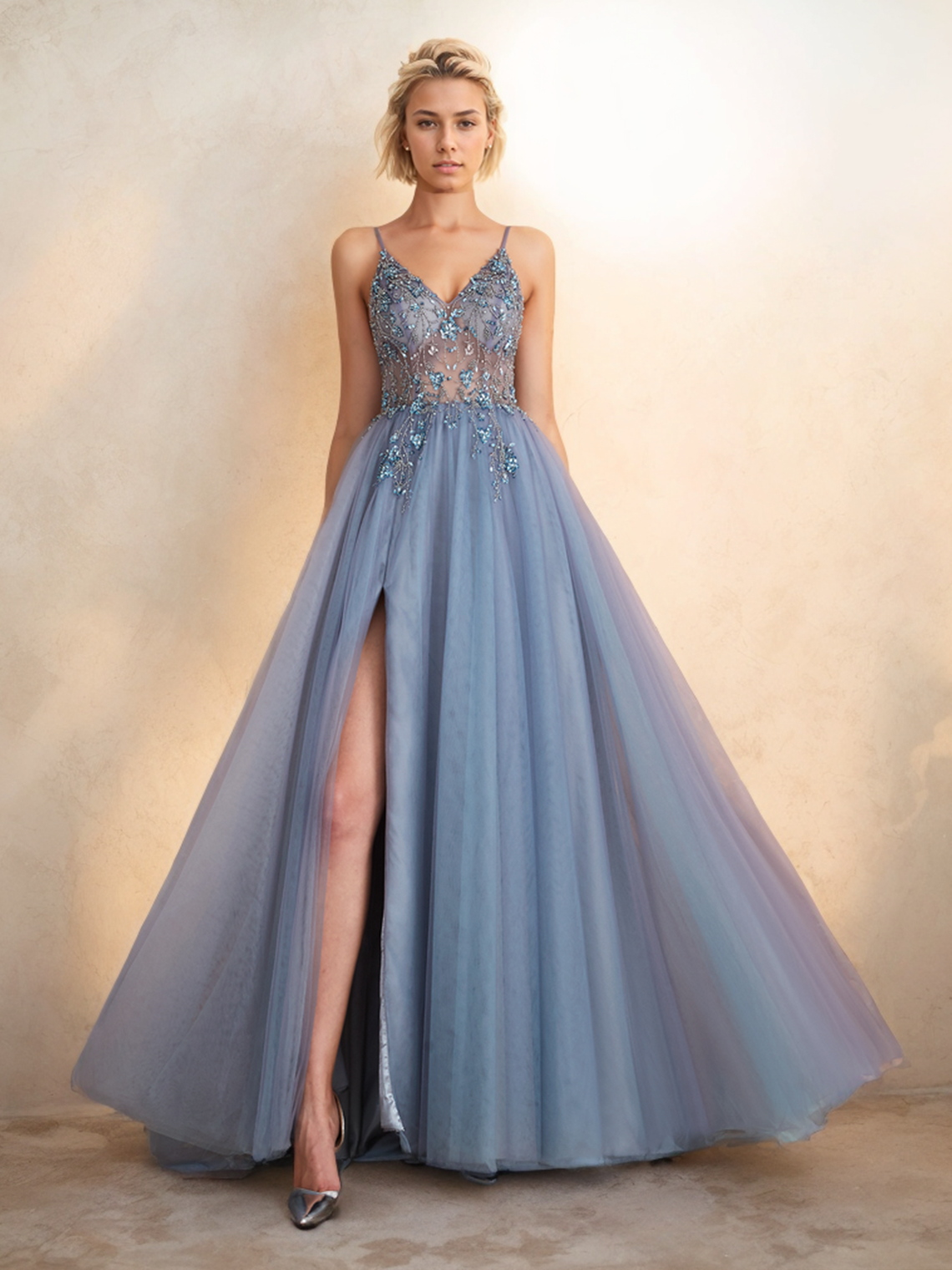 A-Line Evening Gown Formal Graduation Prom Dress V Neck Tulle Beading Slit