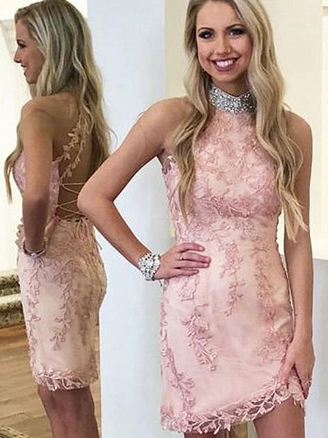 Sheath/Column High-Neck Short/Mini Homecoming Dress With Appliqued