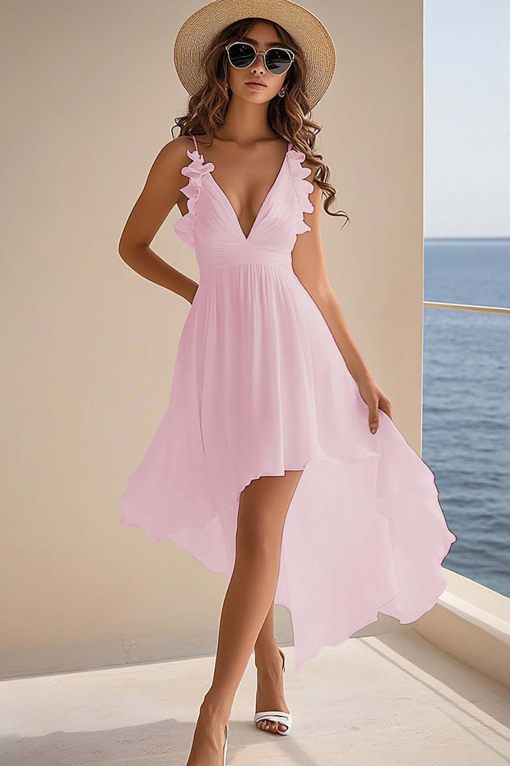 White Chiffon A Line V-Neck High-Low Rehearsal Dinner Dresses with Ruffles Wedding Dresses