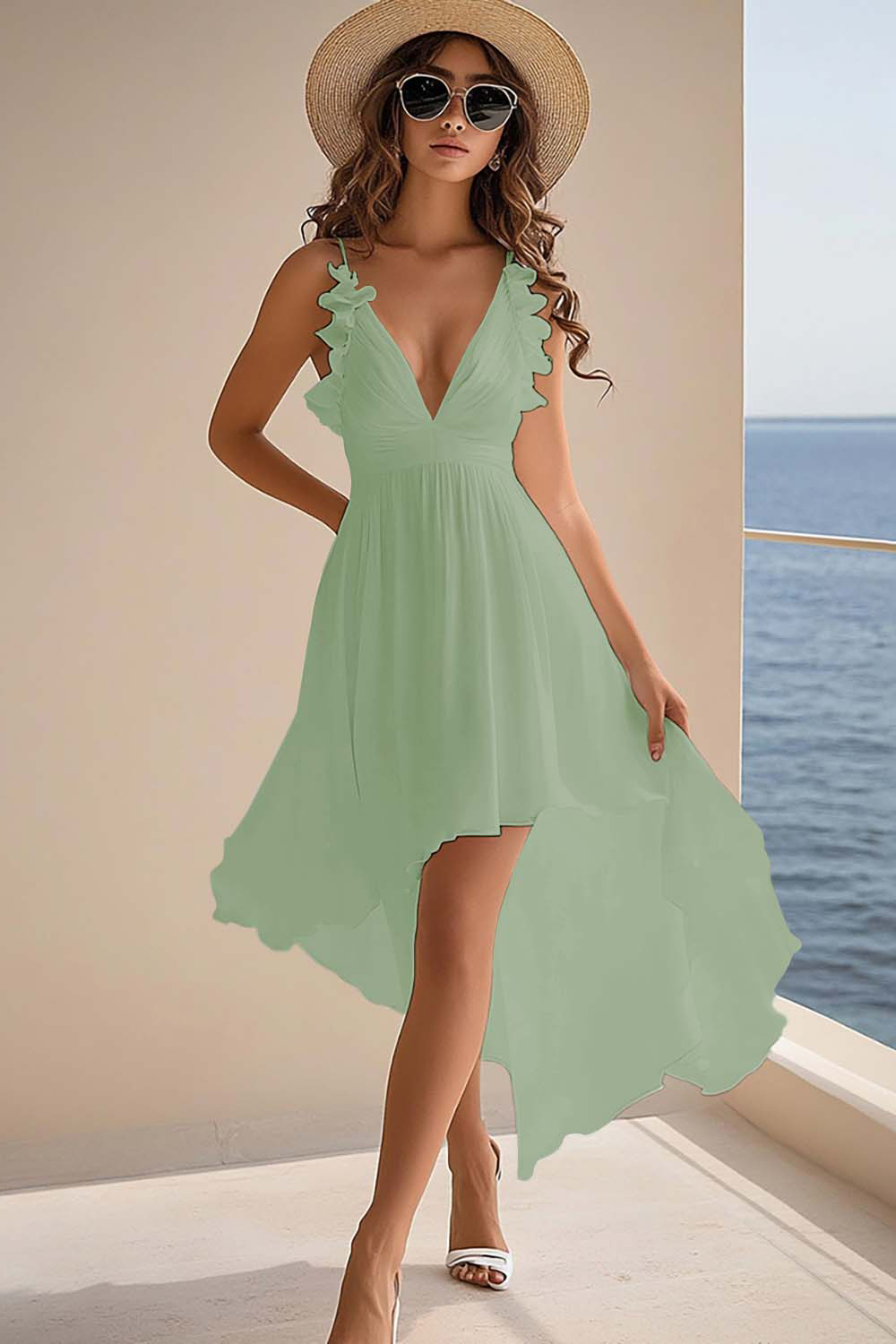 White Chiffon A Line V-Neck High-Low Rehearsal Dinner Dresses with Ruffles Wedding Dresses