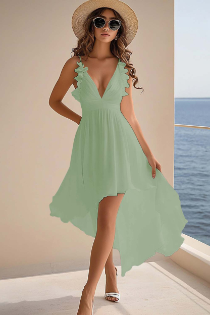 White Chiffon A Line V-Neck High-Low Rehearsal Dinner Dresses with Ruffles Wedding Dresses