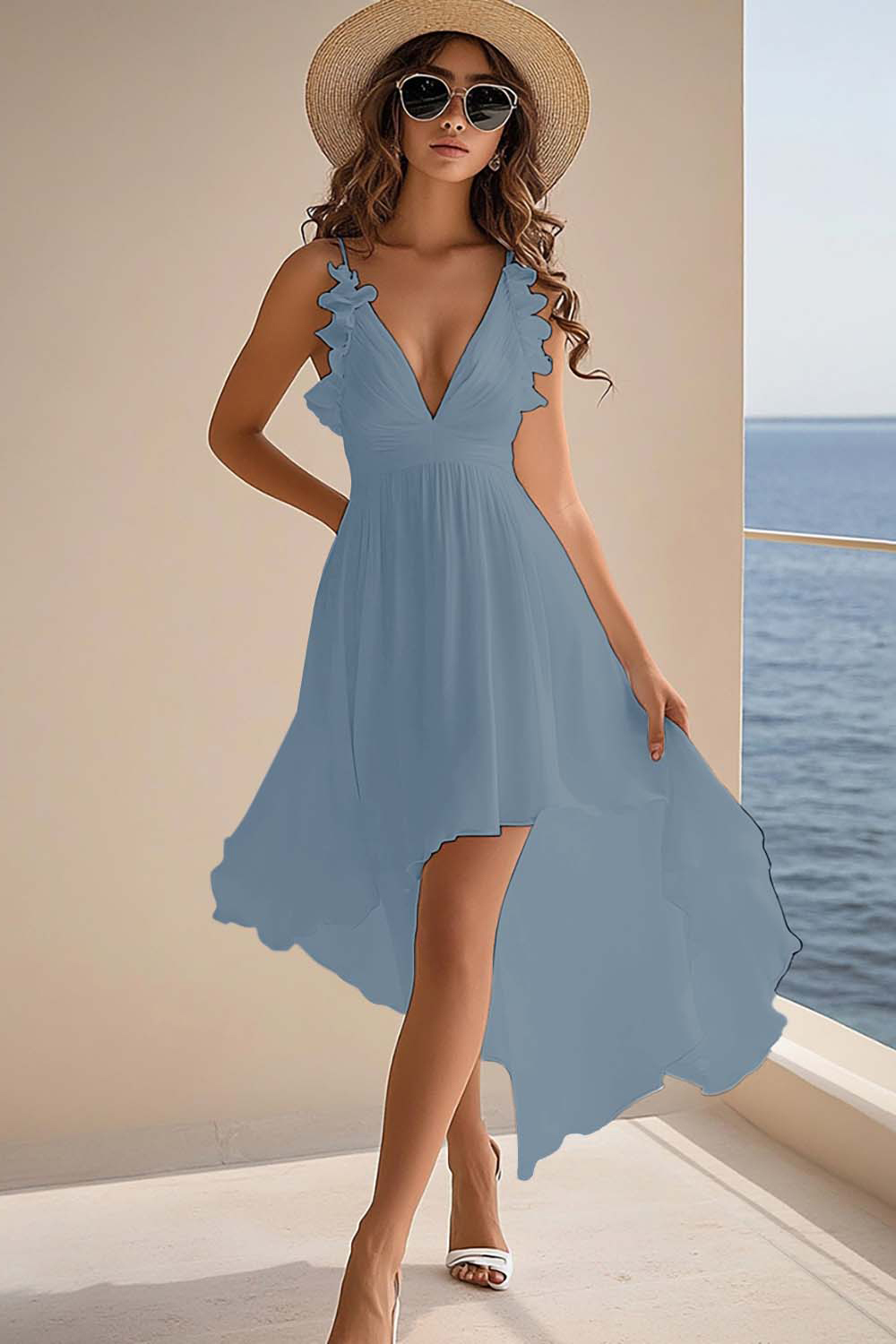 White Chiffon A Line V-Neck High-Low Rehearsal Dinner Dresses with Ruffles Wedding Dresses