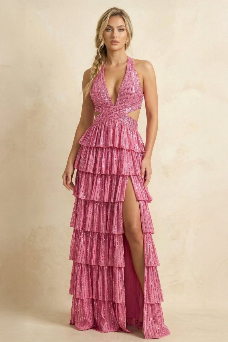 Royal Blue A-Line Halter Satin Beaded Long Prom Dresses With Ruffles Evening Dresses, product image 7