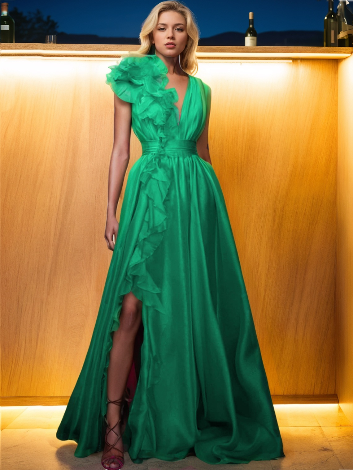 A-Line Evening Dress Formal Floor Length Sleeveless V Neck Prom Dress