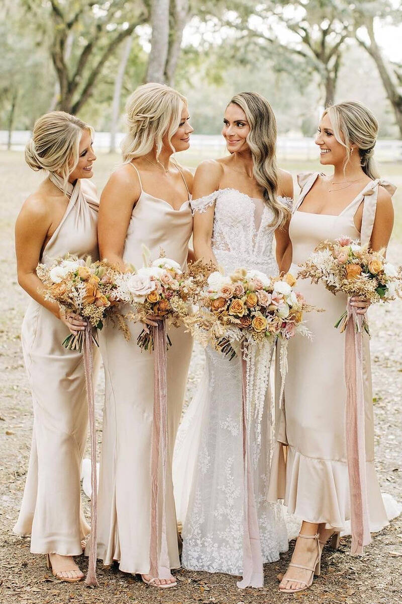 Champagne Sheath Satin Long Mismatch Bridesmaid Dresses