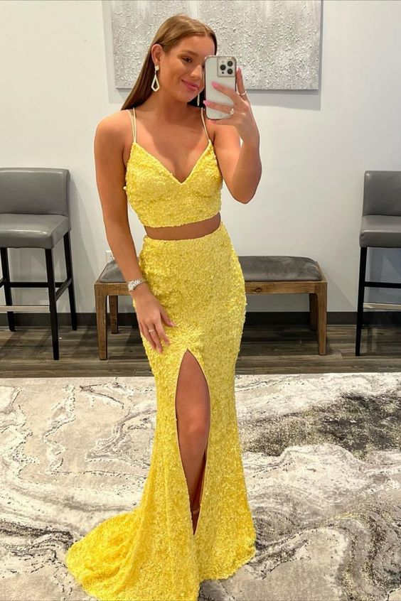 Two Piece Mermaid Sequins Prom Dresses with Slit Evening Dresses