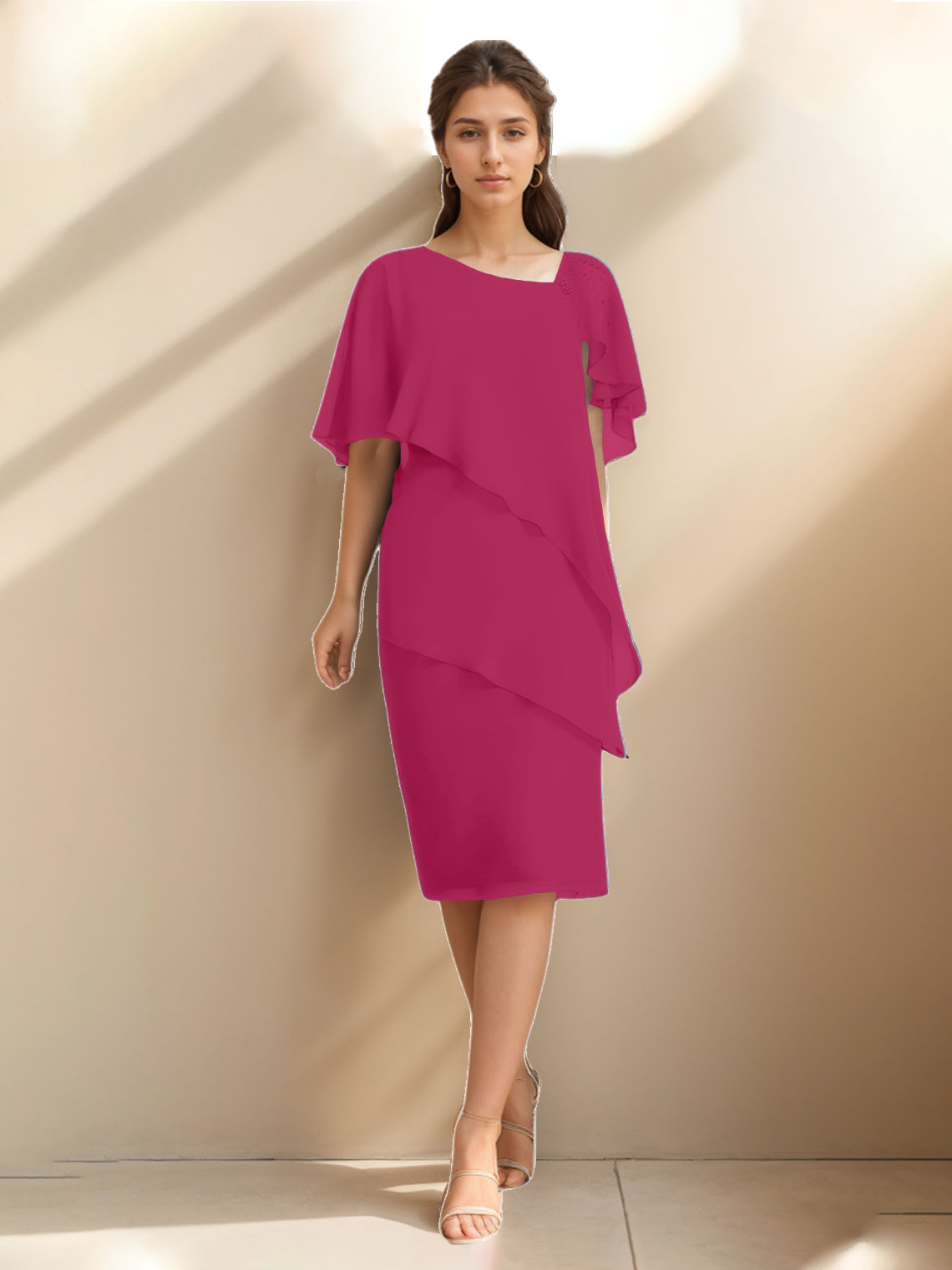 Sheath/Column Homecoming Dress Chiffon Short Sleeve with  Ruffles