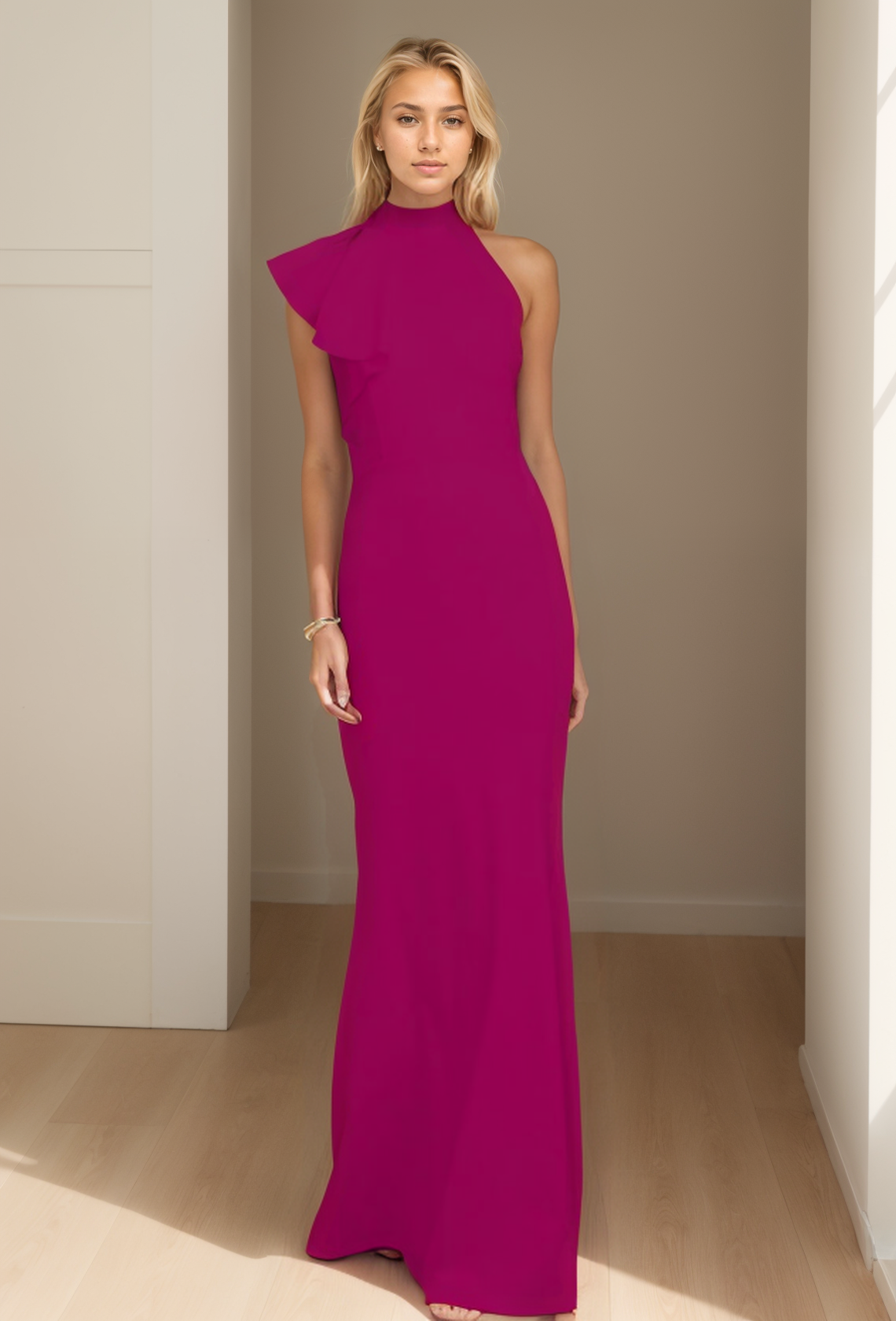 Sheath/Column Evening Gown Elegant Floor Length Sleeveless High Neck Stretch Satin Ruffles 