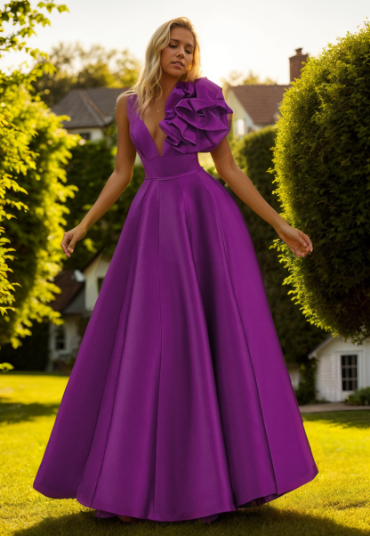 Dress A-Line Evening Gown Floor Length Sleeveless V Neck with Shouder Flower