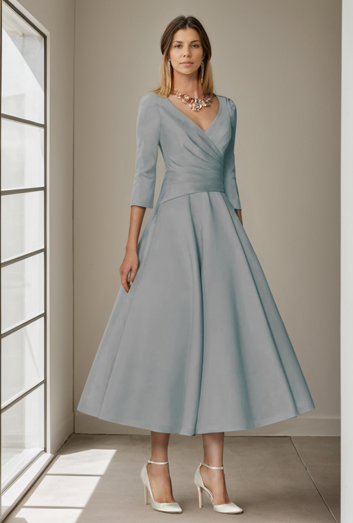 A-Line Mother of the Bride Dress Wedding Guest Elegant Vintage Plus Size V Neck Tea Length Satin 3/4 Length Sleeve Pleats