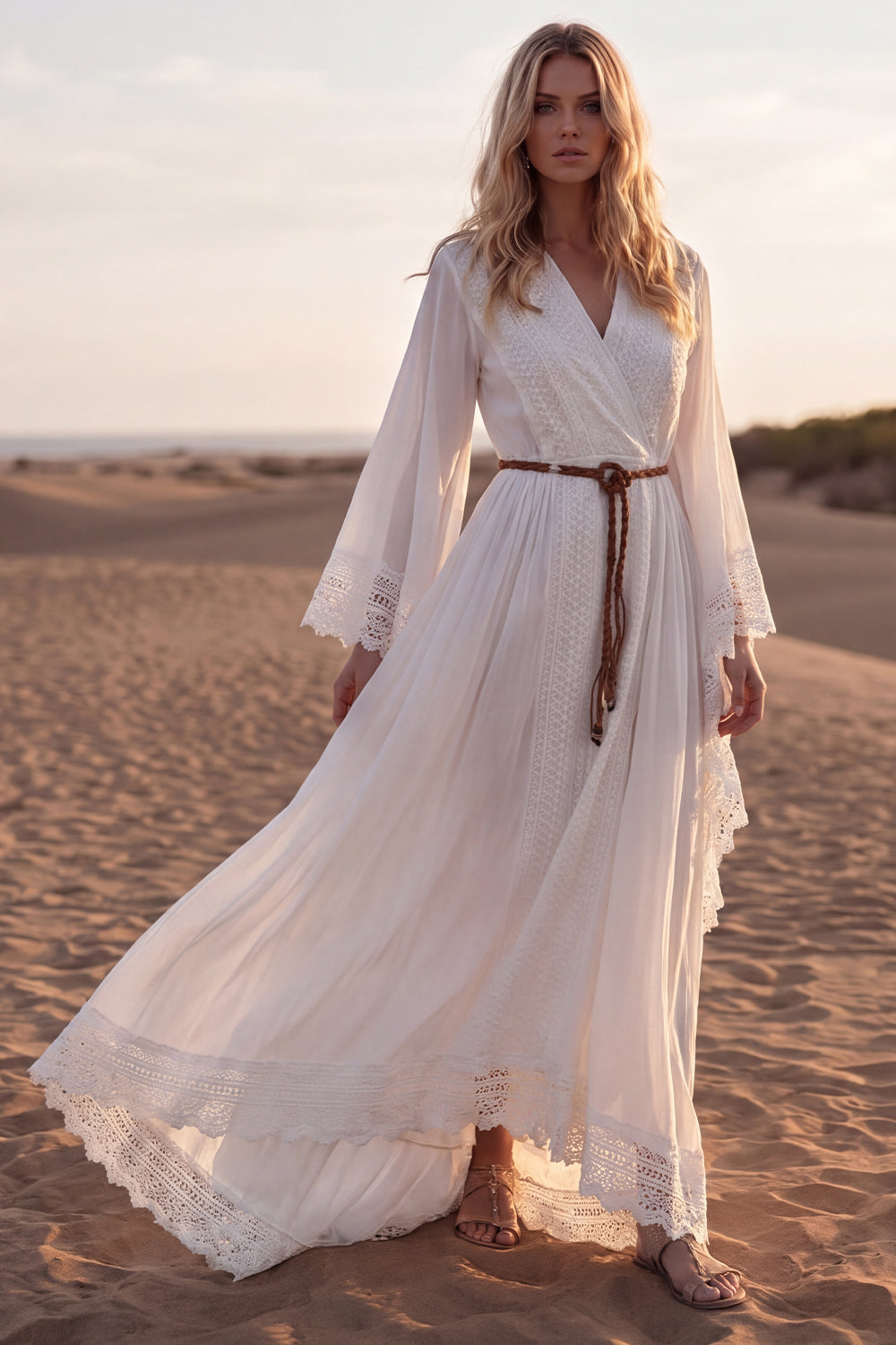 White V-Neck A Line Long Sleeves Beach Engagement Dresses with Lace, image 1
