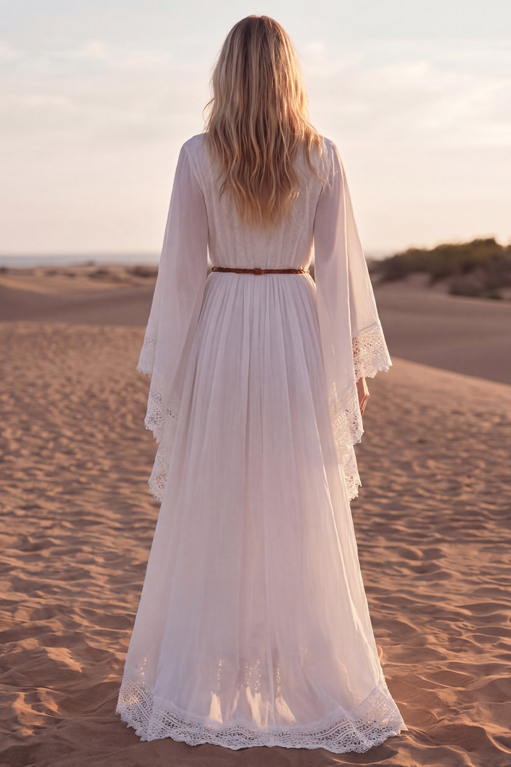 White V-Neck A Line Long Sleeves Beach Engagement Dresses with Lace, image 2
