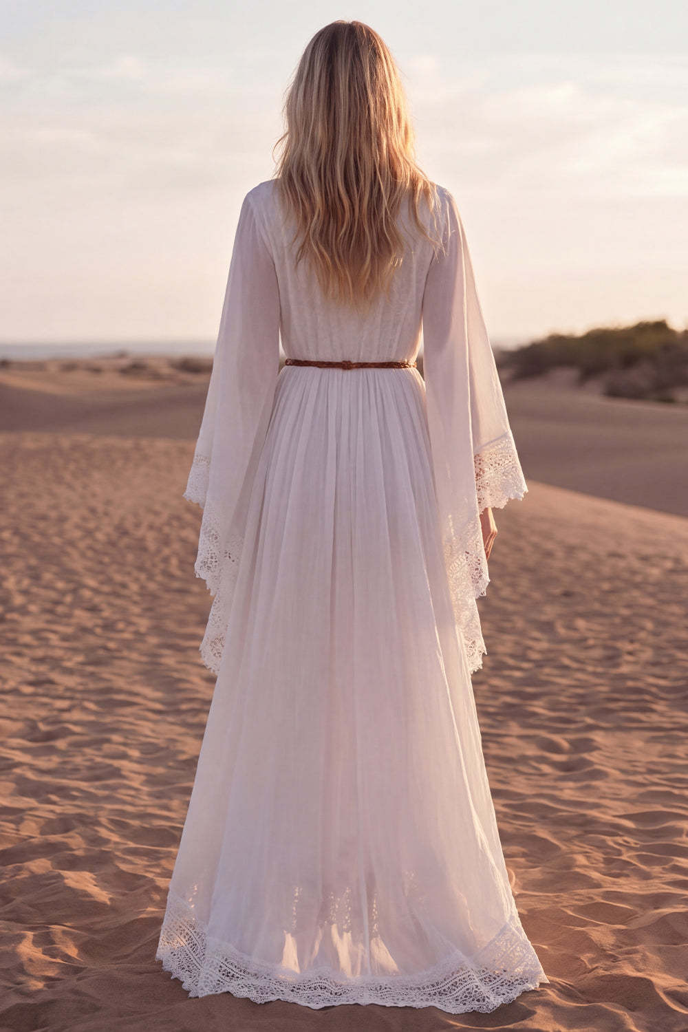 White V-Neck A Line Long Sleeves Beach Engagement Dresses with Lace, image 2