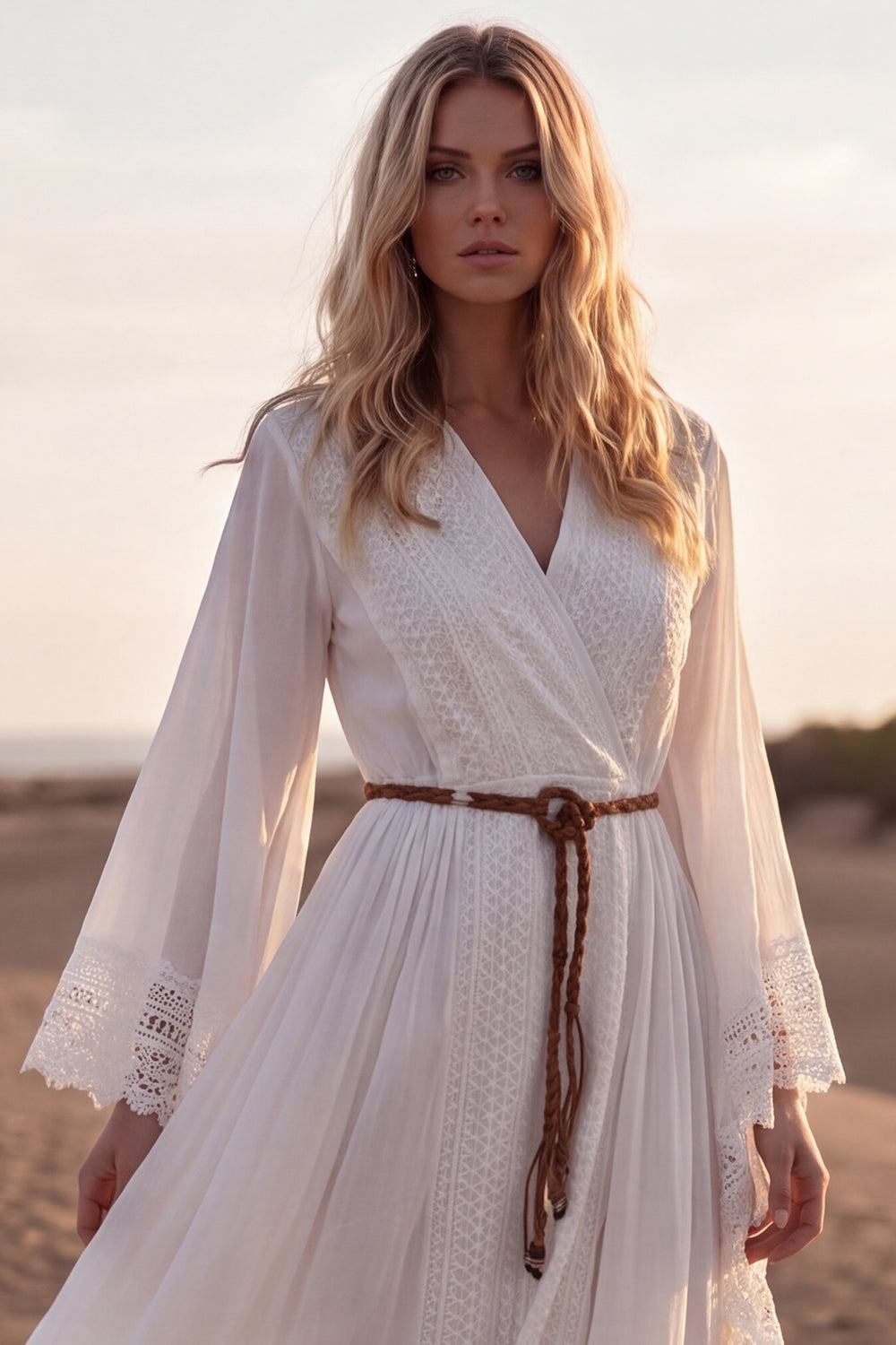 White V-Neck A Line Long Sleeves Beach Engagement Dresses with Lace, image 3