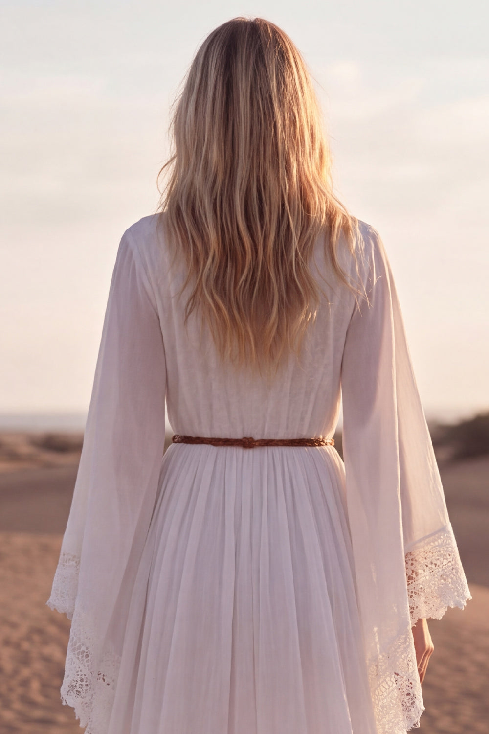 White V-Neck A Line Long Sleeves Beach Engagement Dresses with Lace, image 4