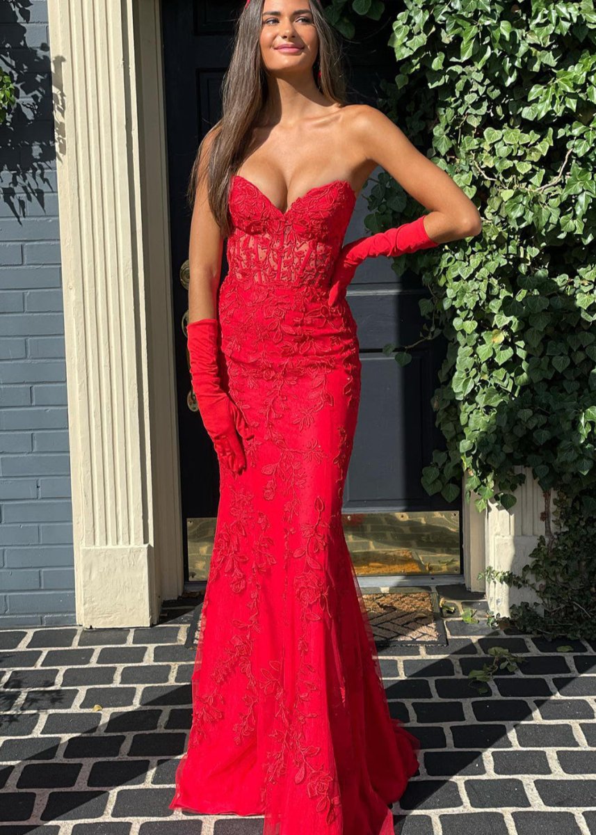 Mermaid Strapless Lace Prom Dresses With Appliques Evening Dresses, product image 3