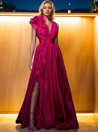 Dress A-Line Floor Length Sleeveless V Neck Formal Evening Dress